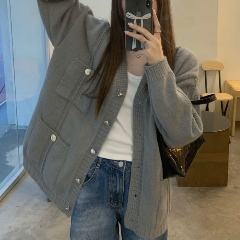 アプリコット/グレー】ニット カーディガン ポケット Vネック ルーズ