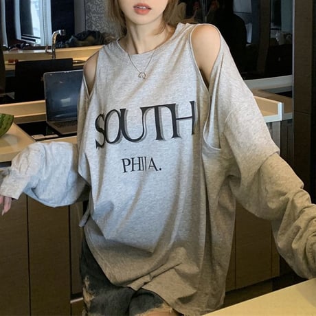 【2カラー】 Tシャツ オープンショルダー 肩開き 長袖 カットソー ショルダーカット レトロ 韓国ファッション レディース 大人可愛い ガーリー カジュアル DTC-674364573182