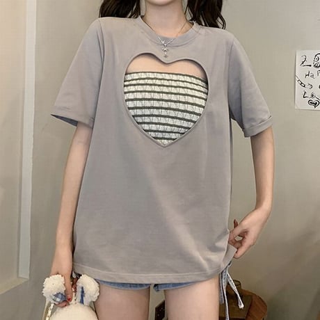セット商品 ハートカット Tシャツ 半袖 チューブトップ ゆったり ルーズ 韓国ファッション レディース 大人可愛い ガーリー カジュアル DTC-677301507375