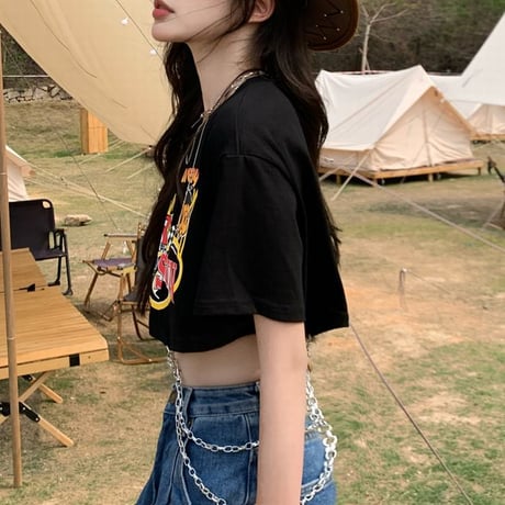 クロップド丈 Tシャツ トップス へそ出し チェーン付き 半袖 ルーズ カットソー ショート丈 韓国ファッション レディース 大人可愛い ガーリー カジュアル DTC-643229484723