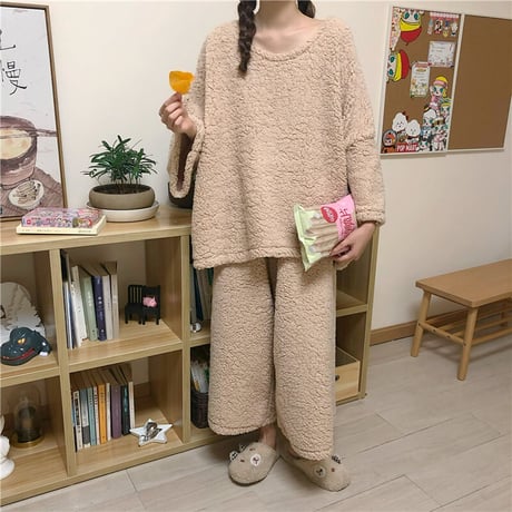 ルームウェア 4カラー  パジャマ セットアップ ラムウール トップス + パンツ 長袖 上下セット 韓国ファッション レディース 厚手 ガーリー 627726861742