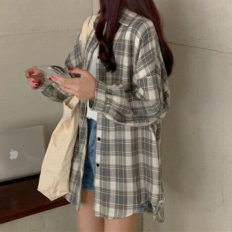 チェック柄 シャツ 薄手 オーバーサイズ チェックシャツ 長袖 レトロ 韓国ファッション レディース 大人可愛い ガーリー カジュアル ストリート系 DTC-626757190076