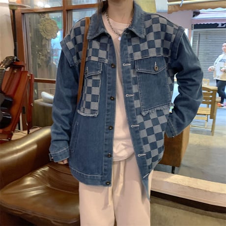 ブロックチェック柄 デニムジャケット アウター デニム ジャケット Gジャン チェック柄 ゆったり 韓国ファッション レディース 大人可愛い ガーリー カジュアル DTC-666436018576