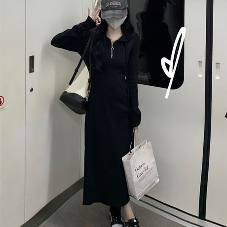 フード付き ニットワンピース ハーフジップ スリム ロングワンピース ニット ハイウエスト 長袖 レトロ 韓国ファッション レディース 大人可愛い ガーリー DTC-737695949703