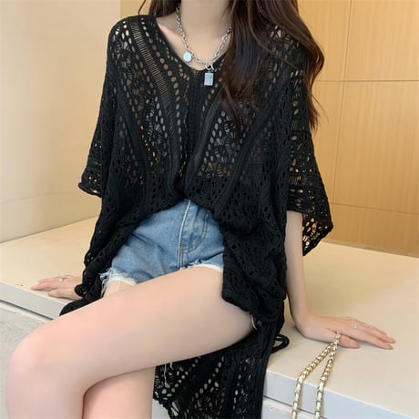 透かし編み サマーニット トップス Vネック かぎ編み tシャツ ドルマンスリーブ オーバーサイズ ルーズ 半袖 レトロ 大人可愛い ガーリー カジュアル DTCA-773104474494