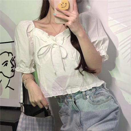 2way ブラウス スクエアネック オフショルダー クロップド丈 パフ袖 半袖 薄手 韓国ファッション レディース オフショル ショート丈 大人可愛い ガーリー DTC-646544025294