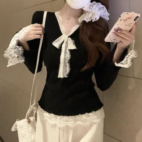 ニット Vネック レース リボン スリムフィット スリムニット トップス プルオーバー ニットソー 長袖 レトロ 大人可愛い ガーリー DTCA-858493602267