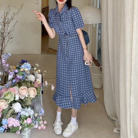 千鳥柄 デニムワンピース フィッシュテール チェック柄 ハイウエスト ロングワンピース 半袖 Aライン レトロ 韓国ファッション レディース 大人可愛い ガーリー DTC-676236464531
