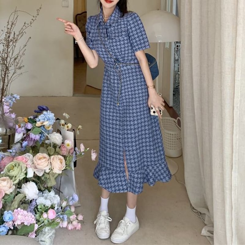 千鳥柄 デニムワンピース フィッシュテール チェック柄 ハイ 千鳥柄 デニムワンピース フィッシュテール チェック柄 ハイ
