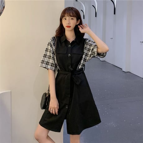 シャツワンピース バイカラー チェック柄 無地 韓国ファッション レディース ワンピース Aライン シングルブレスト ハイウエスト 無地 フレア シンプル ガーリー DTC-619337093068