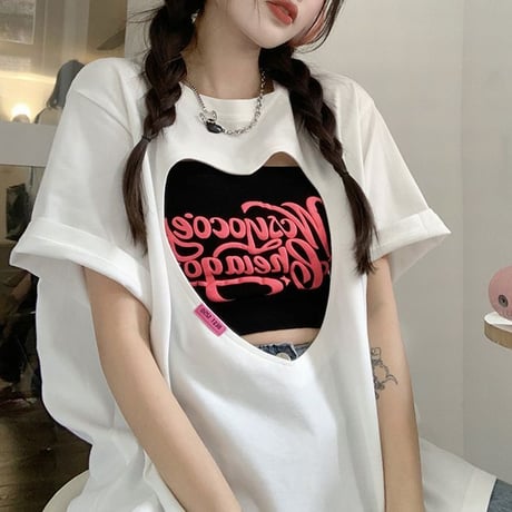 【2カラー】 セット商品 ハートカット Tシャツ 半袖 チューブトップ ゆったり ルーズ 韓国ファッション レディース 大人可愛い ガーリー カジュアル DTC-677839893584
