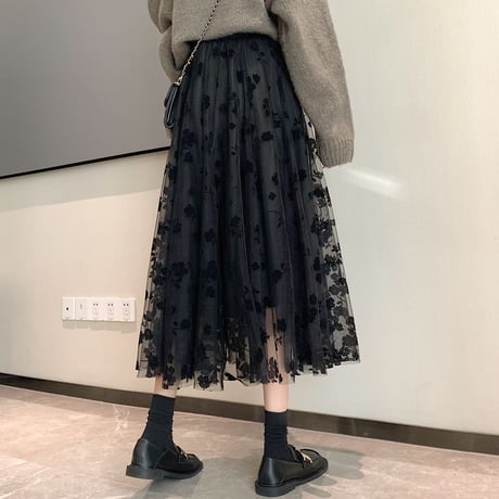 花柄チュールスカート レース ギャザー ロング丈 ハイウエスト ウエストゴム 韓国ファッション レディース プリーツスカート 大人可愛い ガーリー フェミニン DTC-632675803518