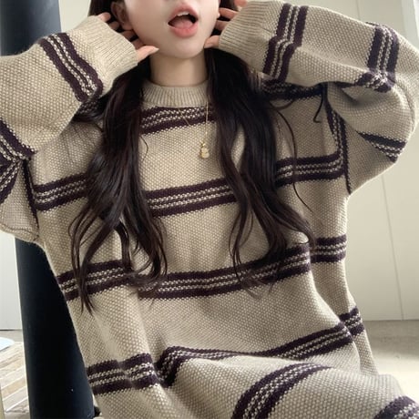 ボーダー柄 ニットワンピース ゆったりウエスト ロング丈 ニット ゆったり ルーズ 長袖 レトロ 韓国ファッション レディース 大人可愛い ガーリー DTC-743606336928