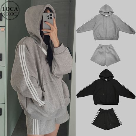 セットアップ 上下セット スウェット サイドライン ジップアップ パーカー ショートパンツ ジャージ ルーズ レトロ 大人可愛い ガーリー カジュアル DTCA-769928787694
