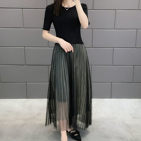 レディース ラウンドネック プリーツドッキングワンピース プリーツスカート ワンピース フェミニン 韓国ファッション (DCT-591465201552)