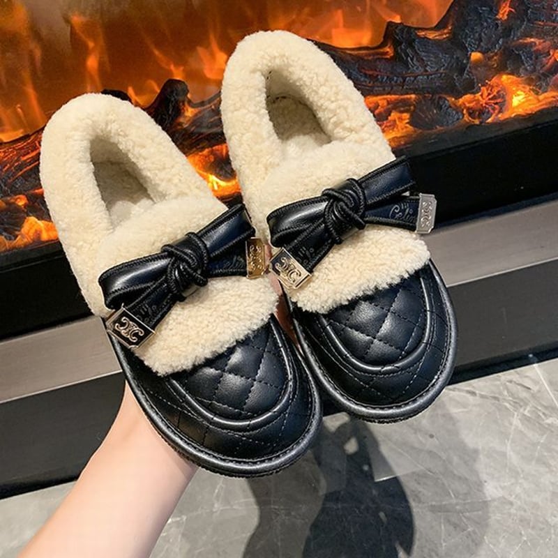 ファーシューズ リボン 22.5～25.0cm ローファー フラット フェイク