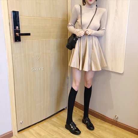 ハイネック ニットワンピース 韓国ファッション レディース タートルネック レース ウエストゴム ニット 長袖 セクシー タイト ガーリー (DCT-604931709813)