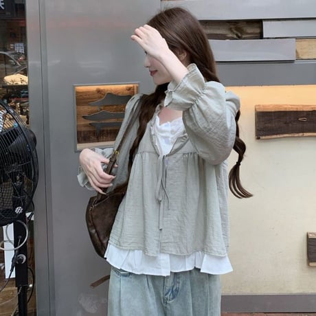 トップス ブラウス リボン フリル ペプラム Vネック ベルスリーブ 薄手 ゆったり 長袖 レトロ 大人可愛い ガーリー DTCA-962786389161