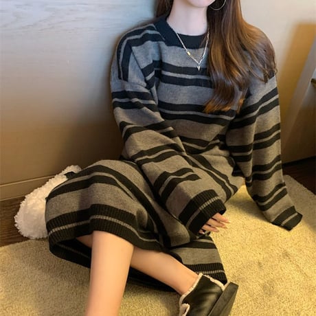 ボーダー柄 ニットワンピース クルーネック ロング丈 ニット ランダムボーダー 長袖 ゆったり 韓国ファッション レディース カジュアル 大人可愛い ガーリー DTC-662845743364