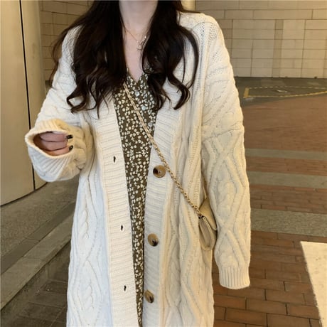ロングカーディガン ケーブル編み ニット ツイストニット カーディガン ルーズ 長袖 大人可愛い ガーリーDTC-651811052937