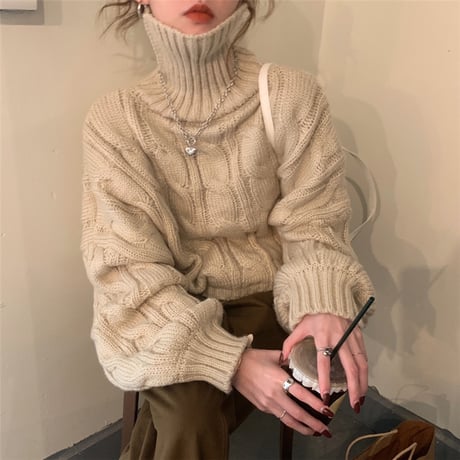 ニット セーター ケーブル編み タートルネック ニットセーター 厚手 長袖 ゆったり レトロ 韓国ファッション レディース 大人可愛い ガーリー DTC-631442149719