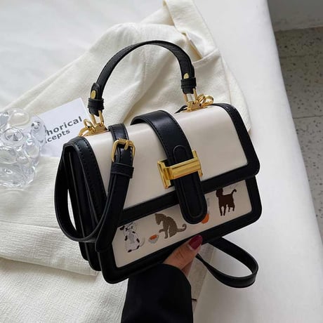 2wayバッグ スクエアバッグ ショルダーバッグ ハンドバッグ ミニバッグ バイカラー 猫 刺繍 マグネットバックル バッグ レトロ 韓国ファッション レディース DTC-679449481712