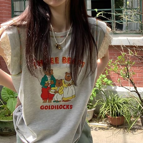 Tシャツ フライングスリーブ レース トップス ノースリーブ オーバーサイズ レトロ 韓国ファッション レディース 大人可愛い ガーリー カジュアル DTC-768900343552