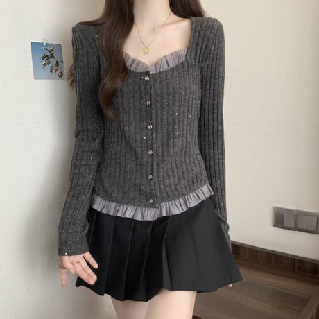 ニット カーディガン レース フリル トップス リブニット スクエアネック スリムフィット 長袖 レトロ 大人可愛い ガーリー DTCA-966412508396