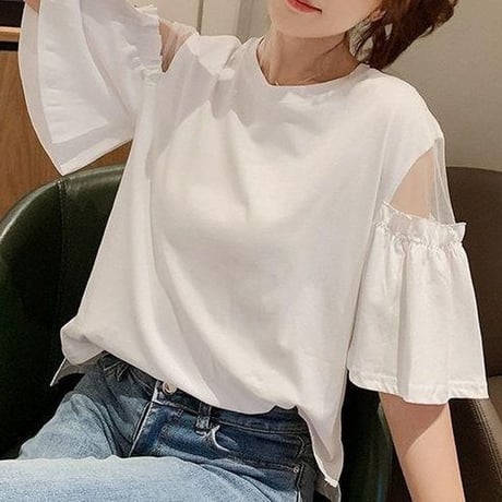 tシャツ シアースリーブ トップス クルーネック シアーtシャツ ゆったり ルーズ 半袖 レトロ 大人可愛い ガーリー カジュアル DTCA-716370765020