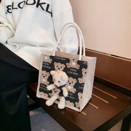 クマのぬいぐるみ付き 麻バッグ クマ柄 ハンドバッグ キャンバスバッグ ミニバッグ ジッパー シンプル レトロ DTC-642371601971