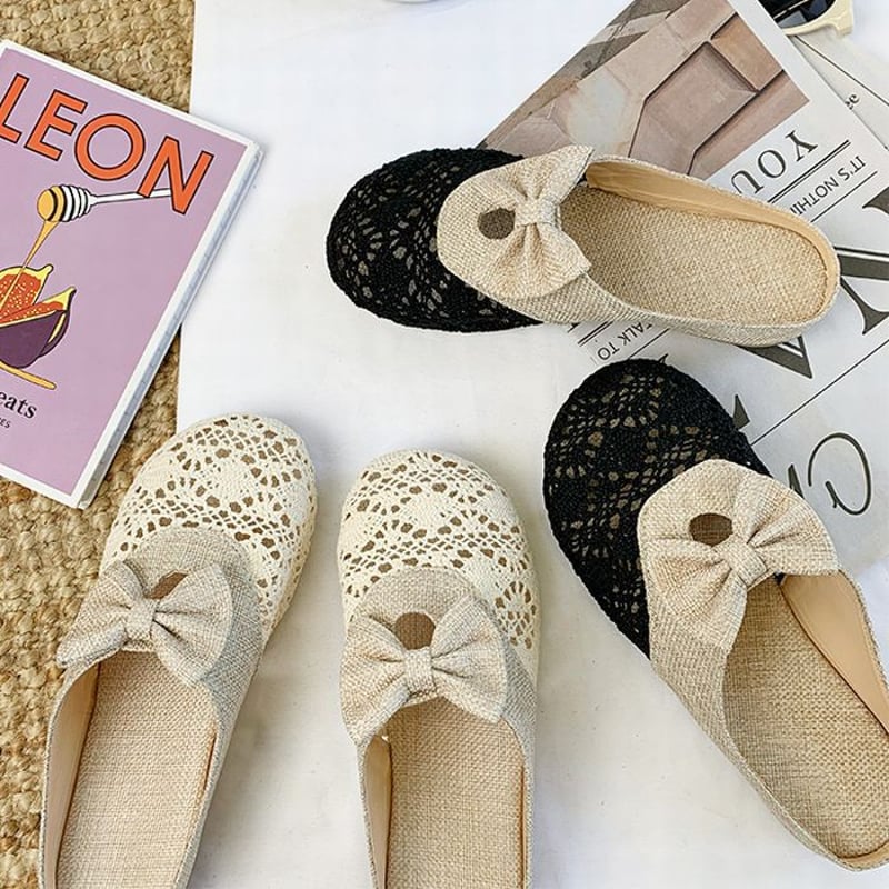 ペタンコサンダル フラットサンダル サボ スリッパ リネン リボン  