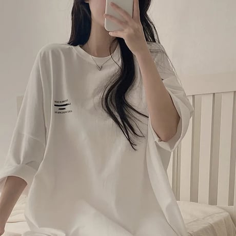 Tシャツ ワンポイント レタープリント 半袖 ドロップショルダー クルーネック シンプル ルーズ レトロ 大人可愛い ガーリー カジュアル ストリート女子 DTCA-833491440518