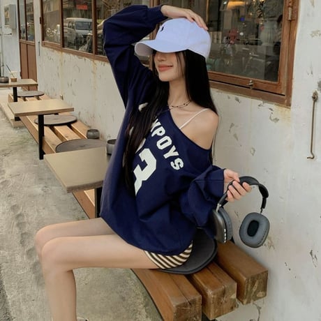 ロンT ワンショルダー ナンバーロゴ トップス オーバーサイズ tシャツ プルオーバー ゆったり 長袖 レトロ 大人可愛い ガーリー カジュアル DTCA-852707267778