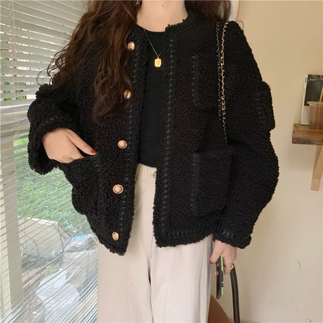 襟なし ボアジャケット ショートジャケット ノーカラー 厚手 ボア ショート丈 長袖 ルーズ フェイクラムウール 韓国ファッション レディース 大人可愛い ガーリー DTC-659483419114
