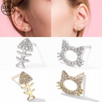 かわいいCZ猫ちゃんと魚骨 スタッドピアス イヤークリップ ねこ 猫 魚骨 CZ ピアス シルバー925 合金 アクセサリー DTC-626646347931