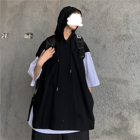 フェイクレイヤード フードベスト ＆ Tシャツ 半袖 ストリートファッション カジュアル 韓国ファッション レディース パーカーベスト ストリート系 DTC-617309764616