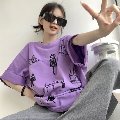 tシャツ 漫画風プリント トップス 半袖 クルーネック オーバーサイズ ルーズ ゆったり カジュアル レトロ 韓国ファッション レディース DTC-771349016436