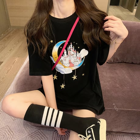 Tシャツ 半袖 お城 プリント ラウンドネック 韓国ファッション レディース トップス 星 月 プリント シンプル ガーリー DTC-618971492141