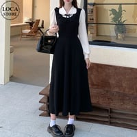 フェイクレイヤード リボン付き プリーツ ワンピース Aライン ハイウエスト ロングワンピース フェイクツーピース 長袖 レトロ 大人可愛い ガーリー DTCA-841714950967