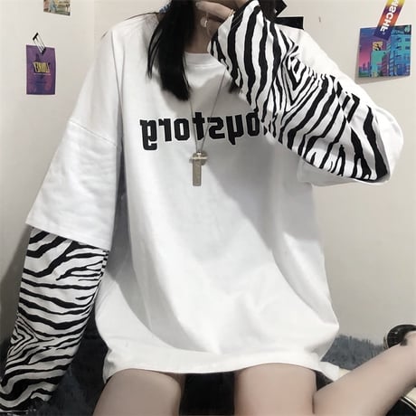 フェイクレイヤード ドッキングトップス tシャツ ロンT ゼブラ柄 長袖 レトロ 韓国ファッション レディース 大人可愛い ガーリー カジュアル ストリート系 DTC-625297358508