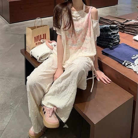 セットアップ 単品 ユーズド加工 Tシャツ ワイドパンツ ホルターネック ワンショルダー ドロスト 半袖 レトロ 韓国ファッション レディース 大人可愛い ガーリー DTC-805276142417