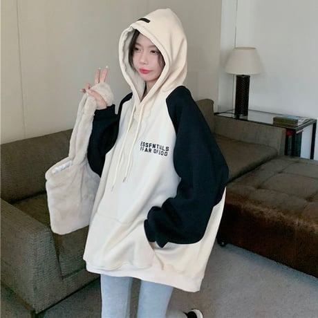 バイカラー パーカー アプリコット プルオーバー オーバーサイズ ビッグシルエット レトロ 韓国ファッション レディース カジュアル 韓国ストリートファッション DTC-684860027672_ap