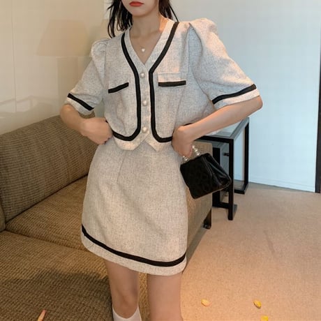 セットアップ ジャケット ＋ スカート 半袖 クロップド丈 韓国ファッション レディース 2点セット ミニスカート ハイウエスト 大人可愛い ガーリー DTC-646462258426