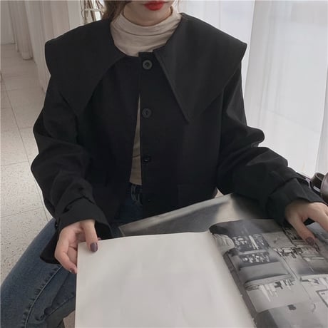 大きい襟 ジャケット 袖ベルト 韓国ファッション レディース ビックカラー ショートコート シングルブレスト 長袖 ゆったり 大人可愛い ガーリー DTC-627105316886