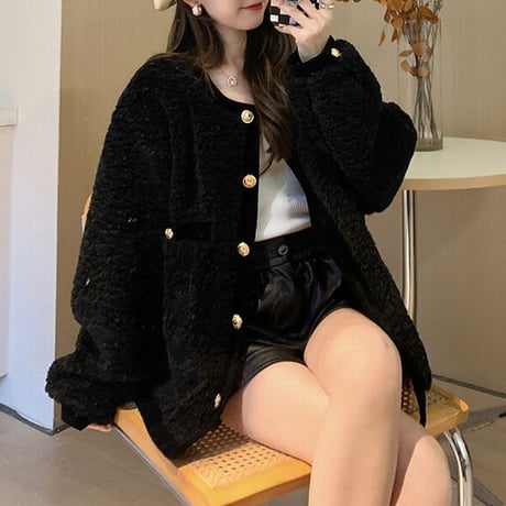 ボアカーディガン ボアジャケット 襟なし アウター もこもこ 厚手 長袖 ゆったり レトロ 韓国ファッション レディース 大人可愛い ガーリー カジュアル DTC-657187662535