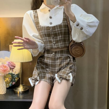 セットアップ チェック柄 フェイクレイヤードトップス ショートパンツ バルーンスリーブ ボタン リボン レトロ 韓国ファッション レディース 大人可愛い ガーリー DTC-682982915477