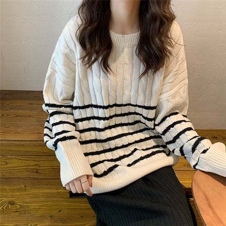 ニット セーター ケーブル編み ボーダー ラウンドネック ルーズ 韓国ファッション レディース トップス ゆったり 大きめ プルオーバー 大人カジュアル 大人可愛い DTC-630816692668