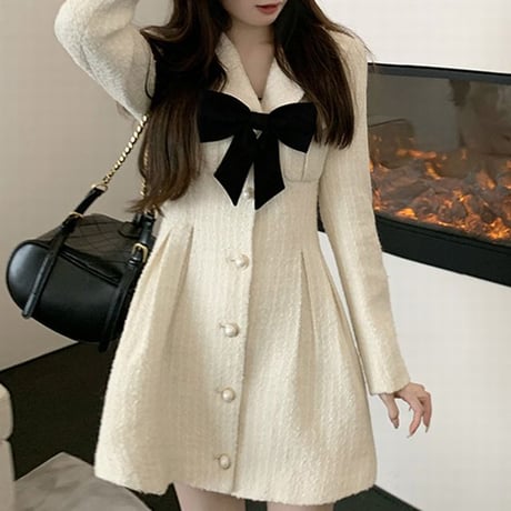 リボン ワンピース 襟付き ハイウエスト ショート丈 レトロ 韓国ファッション レディース 大人可愛い ガーリー フェミニン DTC-667685671429