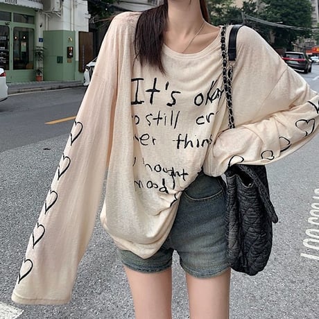 シアー Tシャツ 薄手 袖プリント ルーズ ゆったり 長袖 レトロ 韓国ファッション レディース 大人可愛い ガーリー カジュアル DTC-722267209615