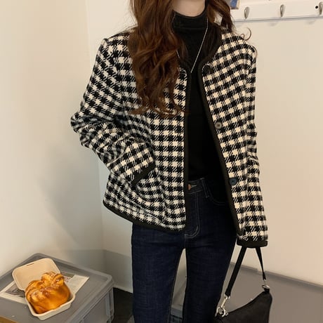 チェック柄 ショートジャケット ノーカラー 襟なし シングルブレスト 長袖 ルーズ レトロ 韓国ファッション レディース 大人可愛い ガーリ DTC-657458574513